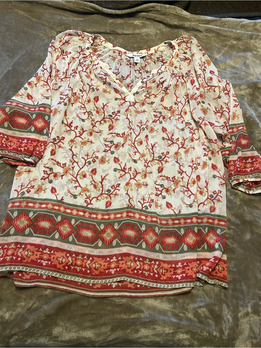 Old Navy White Blouse with Coral & Olive Border